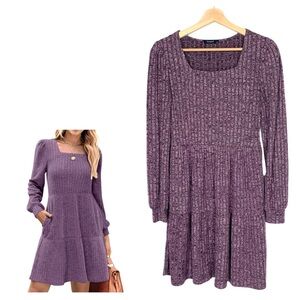 SAMPEEL Square Neck Long Sleeve Dress Casual Babydoll Sweater Dress Purple Small